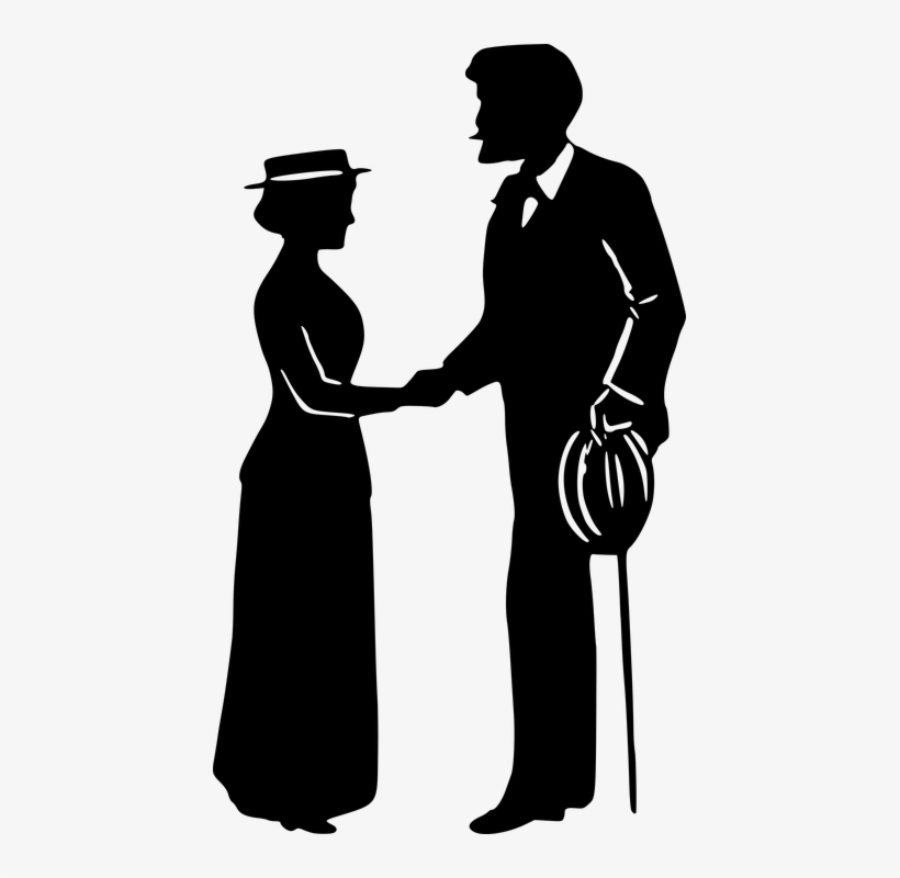 Silhouette of a Victorian-era man and woman shaking hands, man holding a top hat and cane.