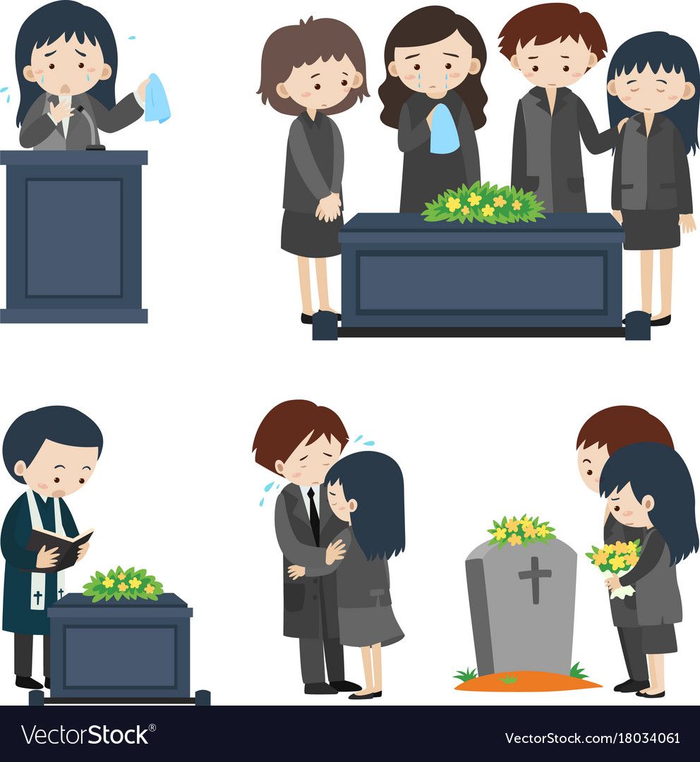 Six illustrated scenes of a funeral: eulogy, mourners at casket, priest praying, couple comforting, and visitors at grave.