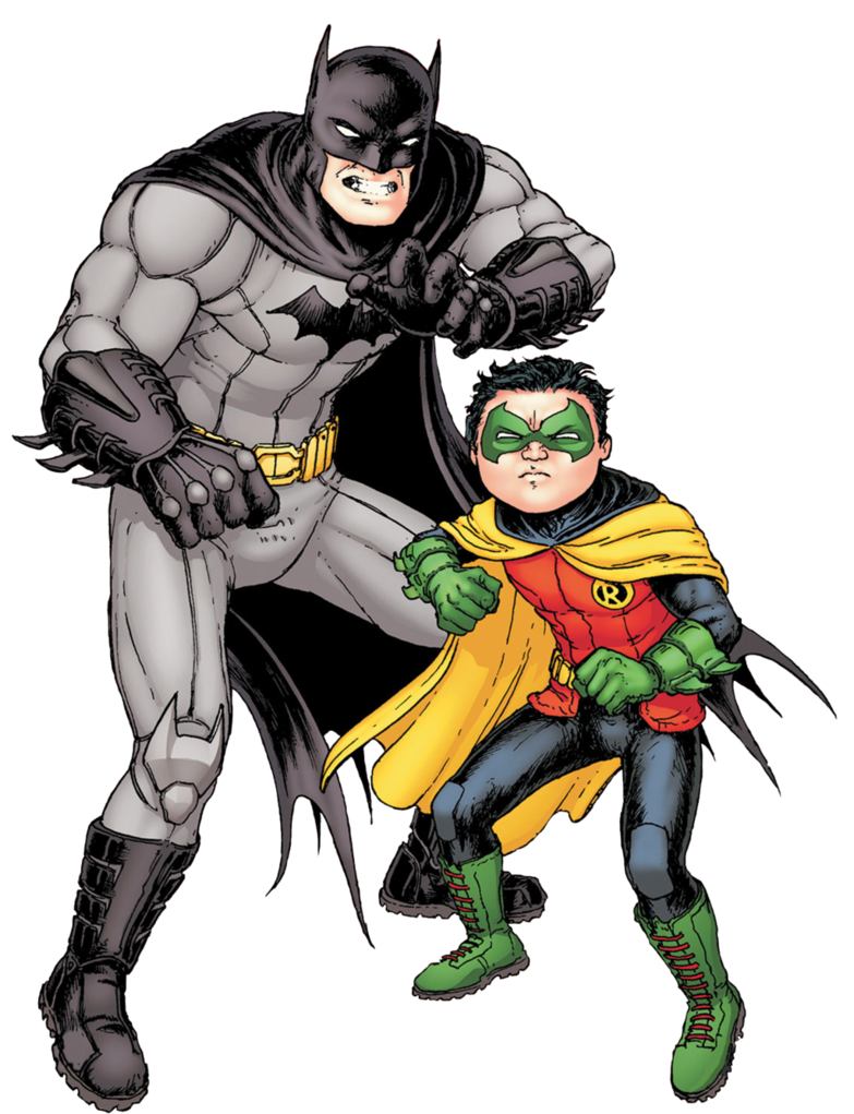 Batman and Robin in dynamic action pose, classic comic book style with detailed costumes and intense expressions.