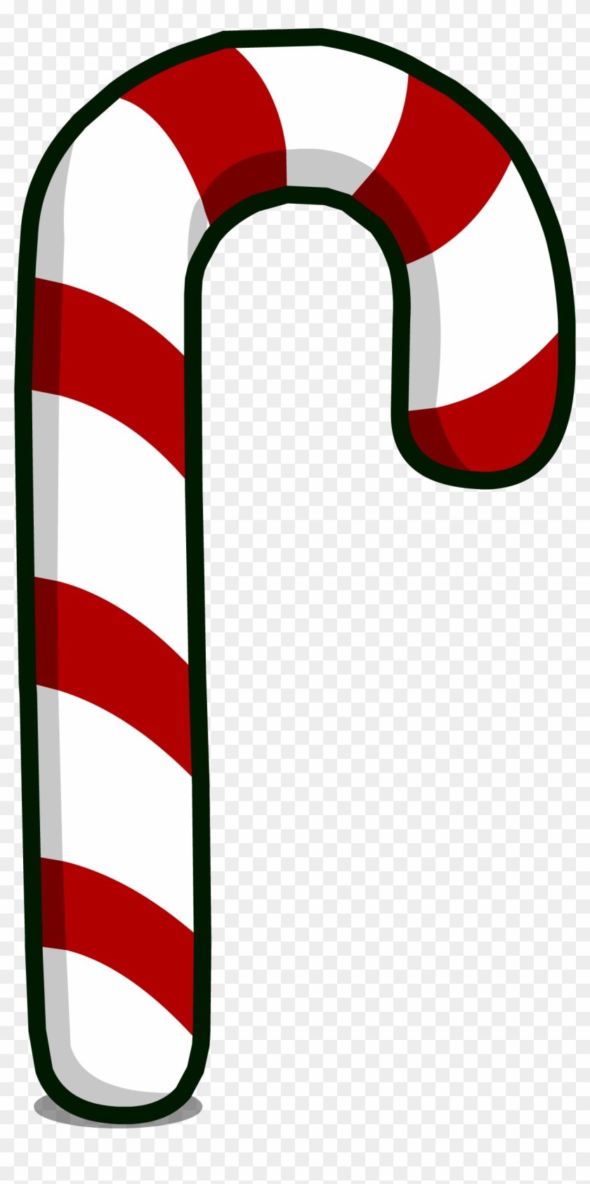 Classic red-and-white striped candy cane with green outline and subtle shadow on transparent background.