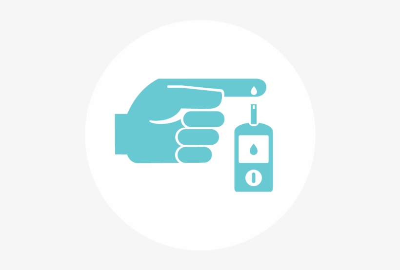 Hand pricking finger for blood glucose test with a glucometer nearby.