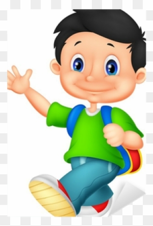 Cheerful cartoon boy with backpack waving, ready for school.