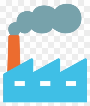 Blue factory building with orange smokestack emitting gray pollution smoke.