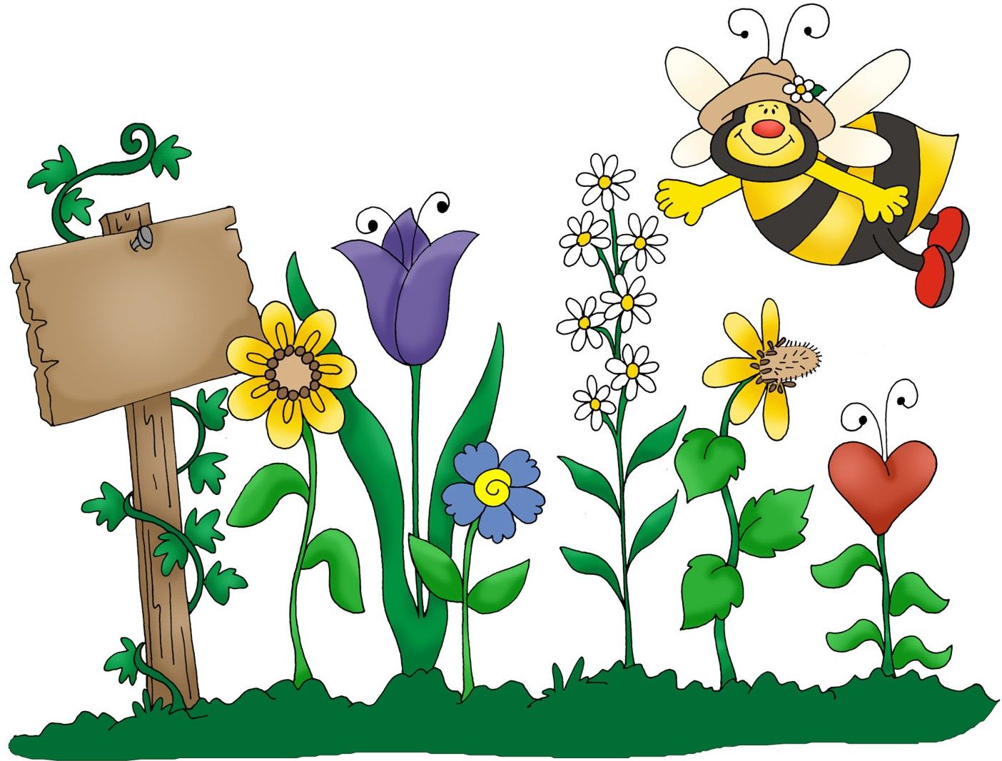 Cheerful cartoon bee flying over colorful flowers, a wooden signpost, and a heart-shaped bloom in a garden scene.