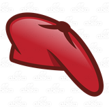 A glossy red beret icon with a smooth, stylized shape against a patterned background.