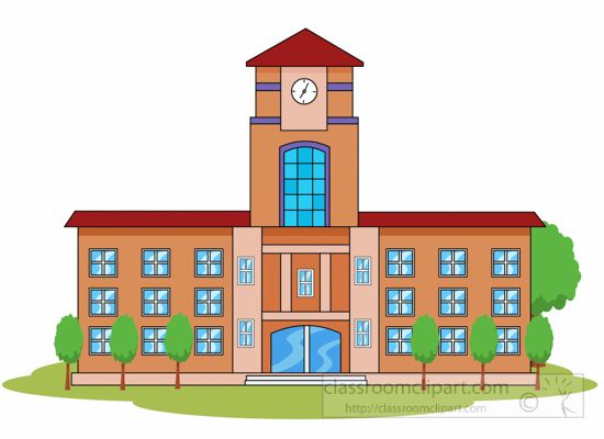 Colorful cartoon illustration of a two-story school building with clock tower, blue windows, green trees, and red roof.