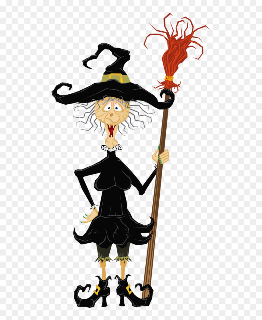 Cartoon witch with crooked black hat, wild white hair, green nails, and a red-broomstick, standing confidently.