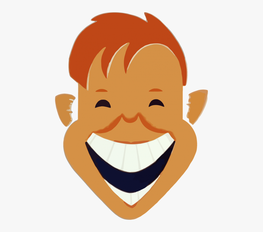 Cheerful cartoon man with red hair, mustache, and wide joyful smile showing white teeth.