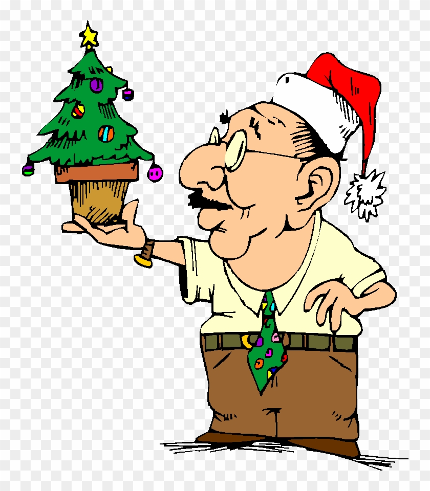 Cartoon man in Santa hat holding a tiny decorated Christmas tree in a pot.