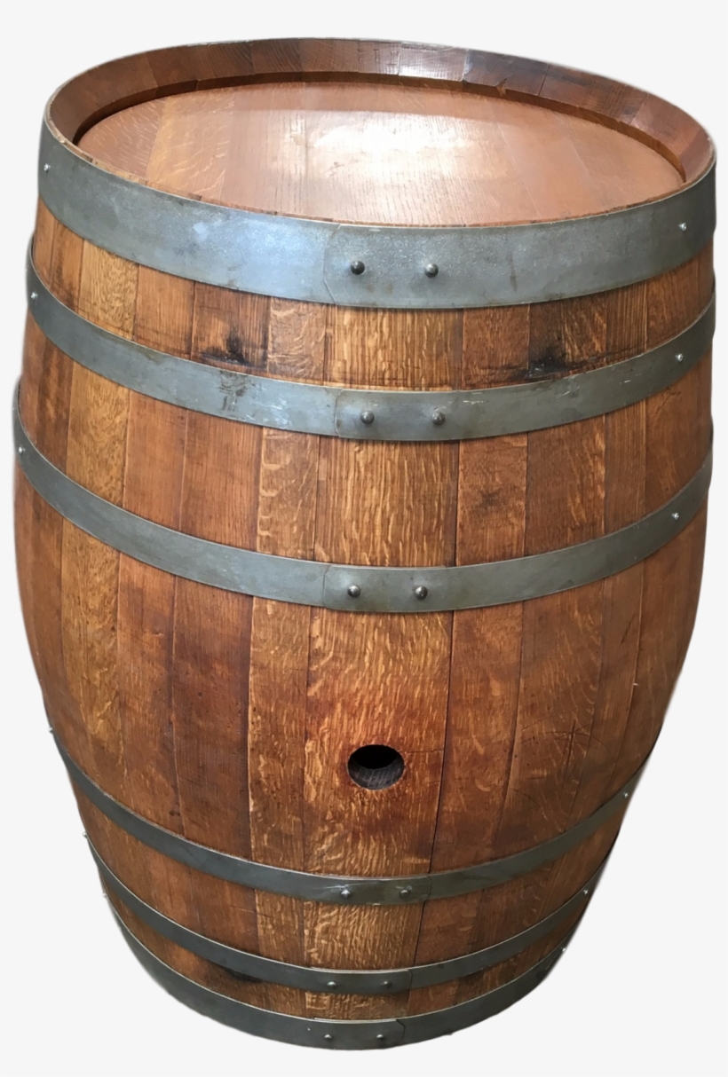 Traditional wooden whiskey barrel with metal hoops and bung hole, aged oak staves and rustic finish.