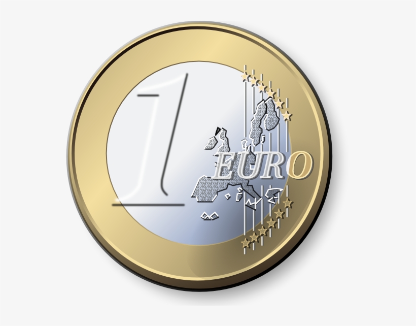 A 1 Euro coin with gold outer ring, silver inner disc showing "1", "EURO", map of Europe, and 12 stars.