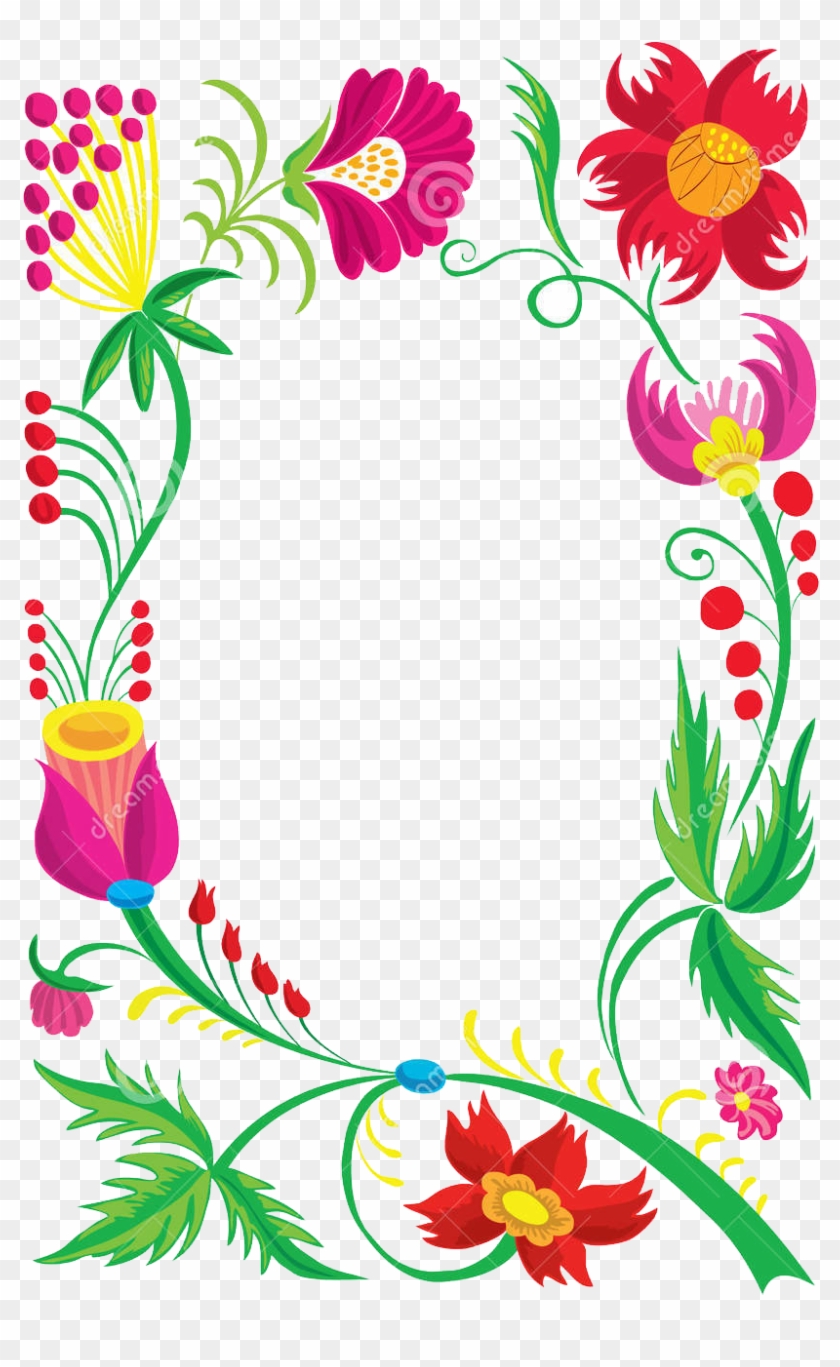 Vibrant floral frame with pink, red, and yellow flowers, green vines, and berries on transparent background.