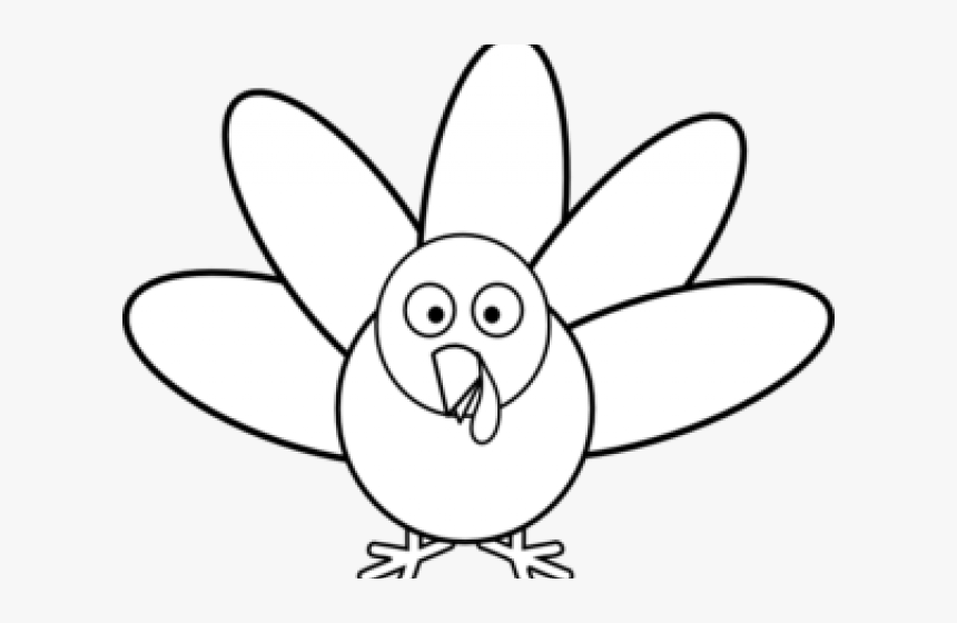 Simple black-and-white line drawing of a cartoon turkey with large tail feathers, round body, and expressive eyes.