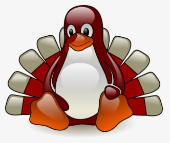 A cartoon penguin dressed as a Thanksgiving turkey with red and white feathers and orange feet.