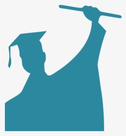 Silhouette of a graduate in cap and gown holding up a diploma in celebration.