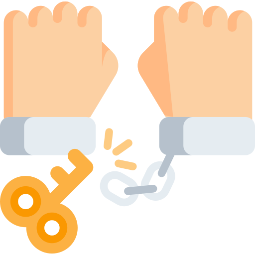 Two hands breaking free from chains with a golden key, symbolizing liberation and empowerment.