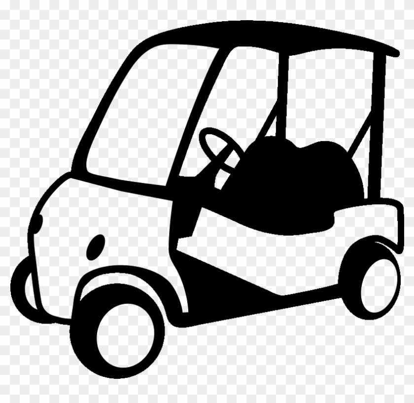 Black-and-white line drawing of a golf cart with driver silhouette, simple cartoon style on transparent background.