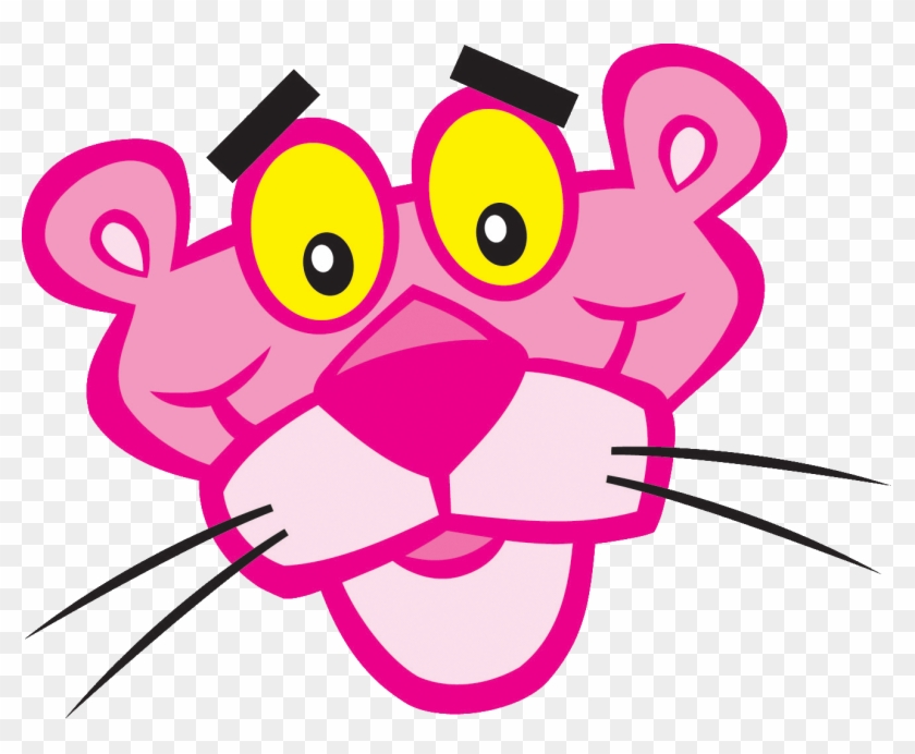 Pink Panther cartoon character face with large yellow eyes, pink fur, and black whiskers on transparent background.