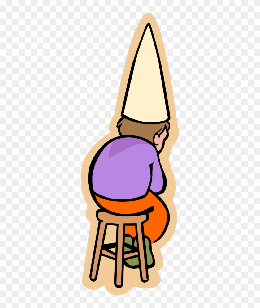 A cartoon person wearing a dunce cap, sitting on a stool with head bowed in shame or contemplation.