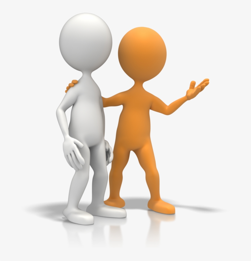 Two 3D stick figures-one white, one orange-standing together; orange figure gestures openly while resting hand on white figure’s shoulder.