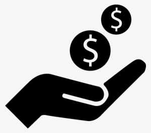 A black silhouette of an open hand receiving two dollar coins, symbolizing financial support or donations.