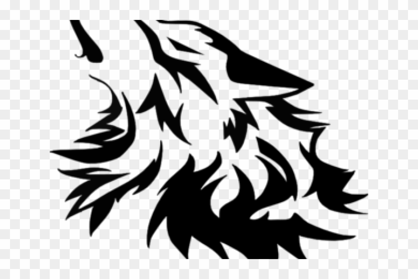 Stylized black-and-white tribal wolf head howling upward, sharp angular lines and feather-like fur details.