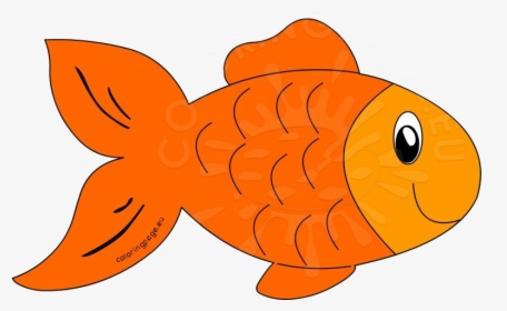 Bright orange cartoon goldfish with smiling face, large eye, and flowing fins on white background.