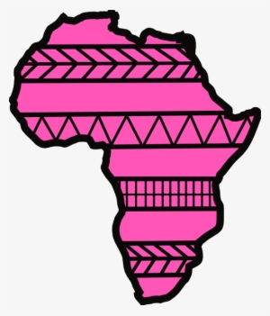 Pink stylized map of Africa adorned with black geometric tribal patterns including chevrons, triangles, and grids.