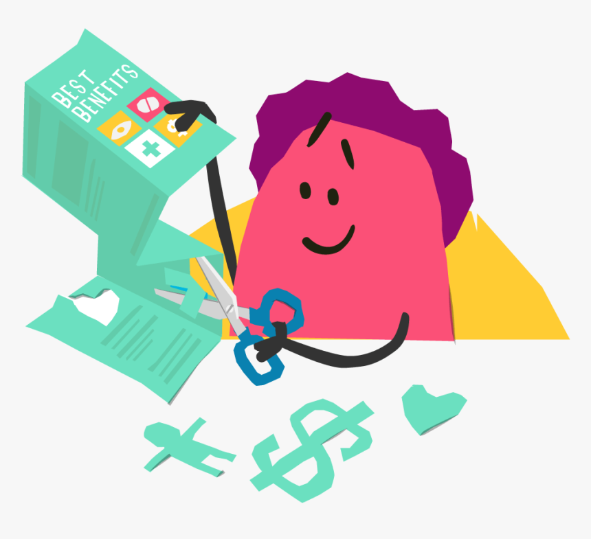 A smiling pink character with purple hair cuts a "Best Benefits" brochure with scissors, surrounded by paper cutouts of people, dollars, and hearts.