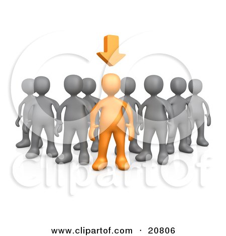 Orange 3D figure stands out among gray figures with downward arrow above, symbolizing leadership or selection.