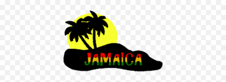 Jamaica logo with palm trees, sun, and Rastafarian-colored text on black island silhouette.