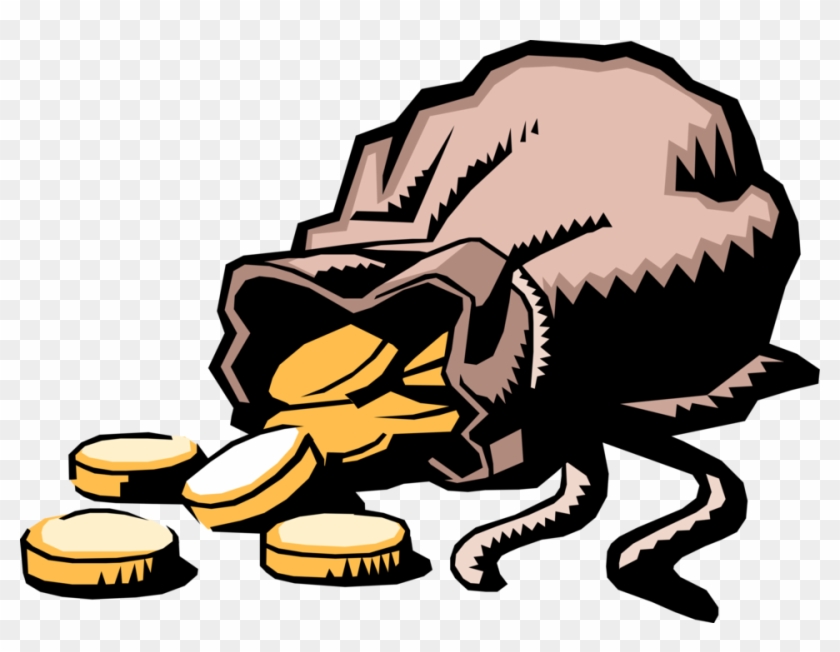 A torn, overflowing sack spilling gold coins onto a checkered background.