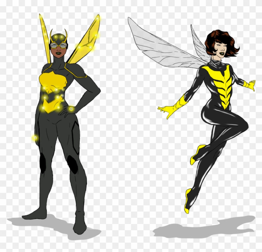 Two illustrated female superheroes in black and yellow suits with insect-inspired wings-one glowing, one flying.