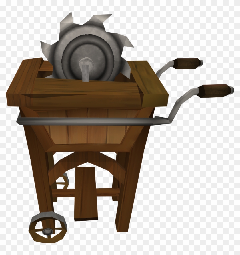 Wooden hand-cranked grinding wheel tool with metal abrasive disc and spoked wheel base.