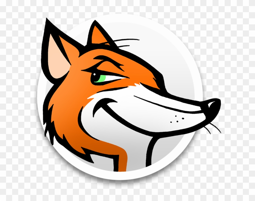 Stylized cartoon fox head with green eye and sly smile, set in white circular badge on transparent background.