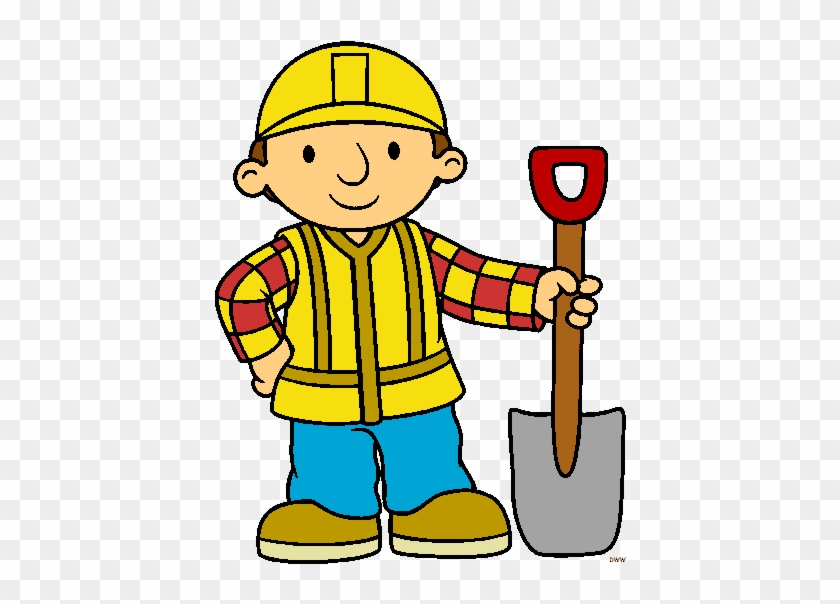 Cartoon construction worker in yellow hard hat and vest holding a red-handled shovel, smiling confidently.
