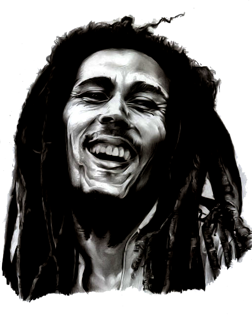 Black-and-white artistic portrait of Bob Marley laughing with dreadlocks and joyful expression.