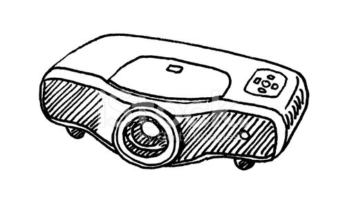 Hand-drawn sketch of a modern portable projector with lens, vents, and control panel.