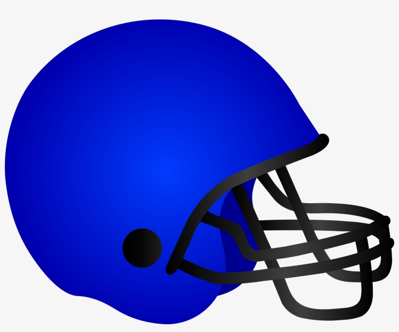 Blue American football helmet with black faceguard and chin strap, side view illustration.