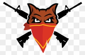 Fierce fox mascot wearing red bandana with crossed assault rifles behind.