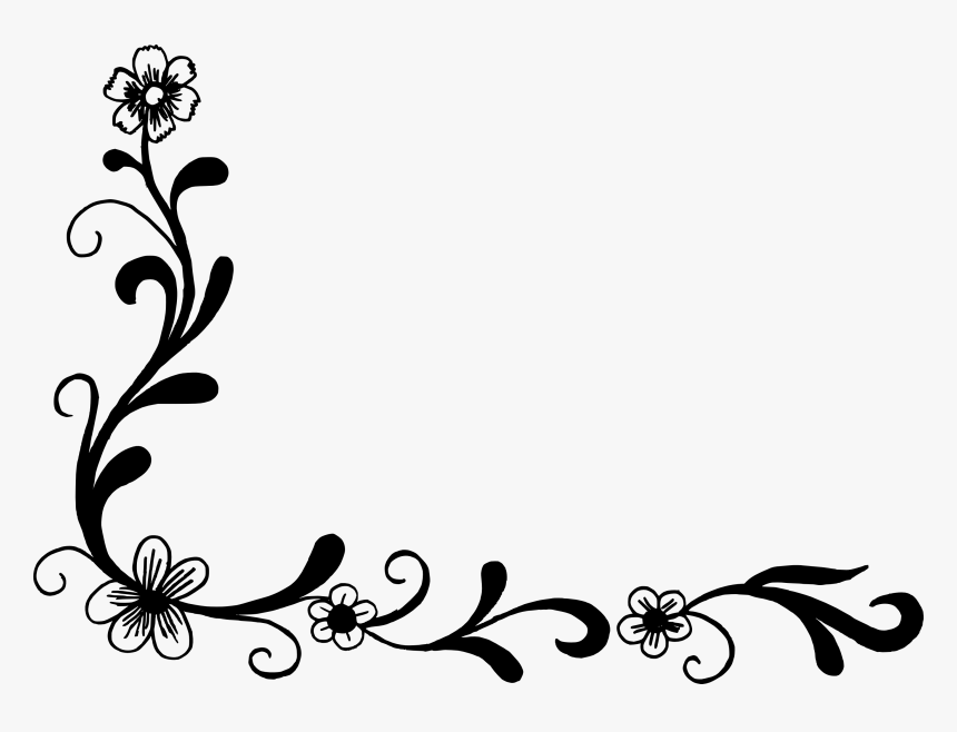 Black-and-white floral corner border with swirling vines and stylized flowers for decorative page framing.
