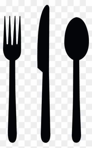 Black silhouette of a fork, knife, and spoon aligned vertically on transparent background.