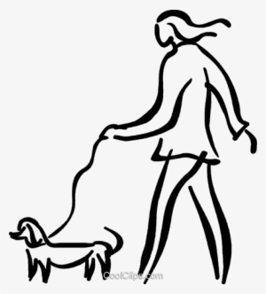 A stylized black-and-white line drawing of a person walking a small dog on a leash.