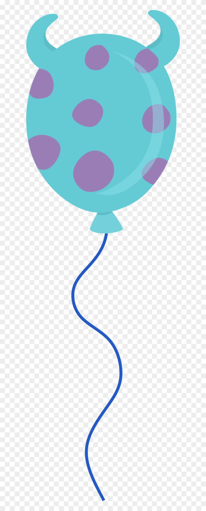 Teal polka-dot balloon with purple spots and two horns, floating on a blue string.