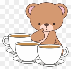Cute cartoon bear sipping tea with three white teacups on saucers, transparent background.