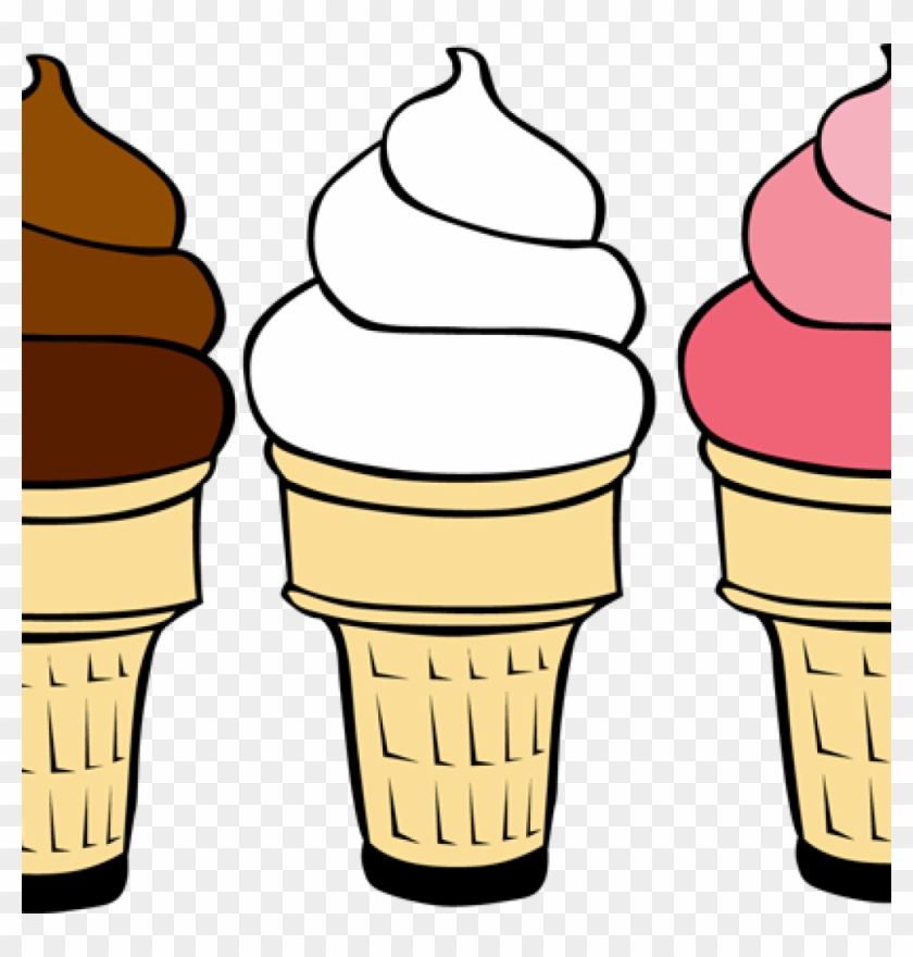 Three cartoon-style soft-serve ice cream cones in chocolate, vanilla, and strawberry flavors on a transparent background.