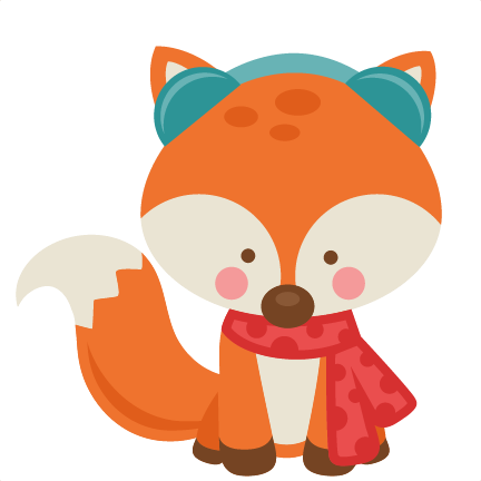 Cute cartoon fox wearing blue earmuffs and a red polka-dot scarf, sitting with a friendly expression.