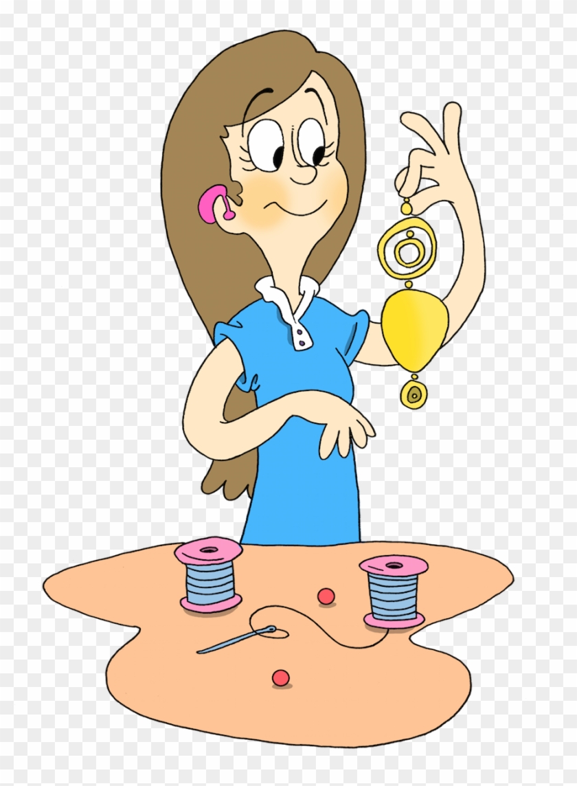 A cartoon woman in a blue shirt proudly displays a handmade yellow earring while sitting at a crafting table with spools of thread and beads.