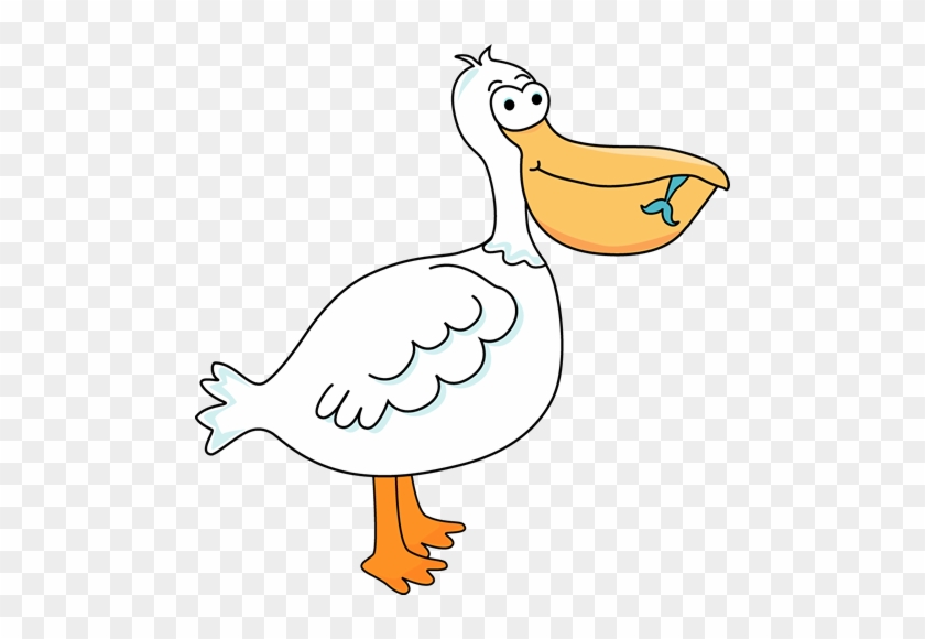 Cartoon pelican with orange beak holding a small blue fish in its pouch, standing on one leg.