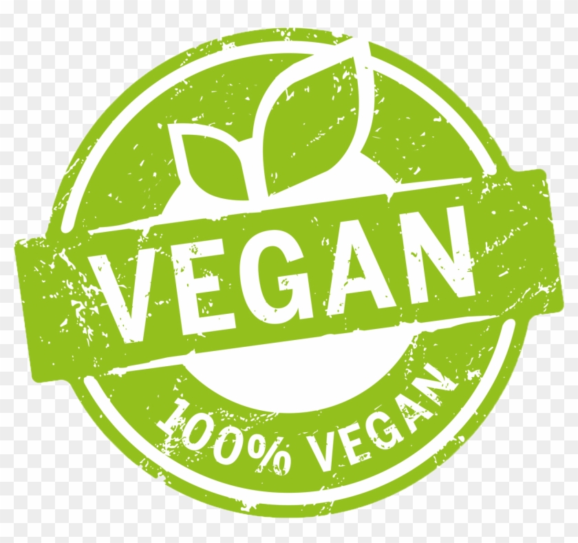 Green circular vegan certification stamp with leaf icon and "100% VEGAN" text.